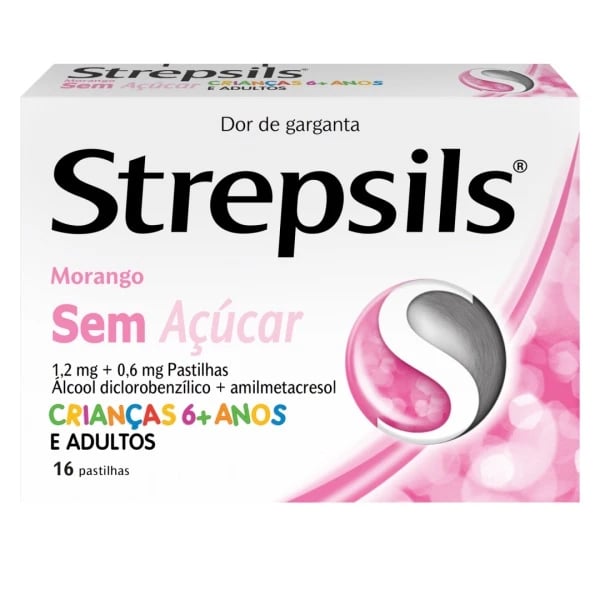 Strepsils Morango sem açúcar 0,6 mg +1,2 mg 16 PsT
